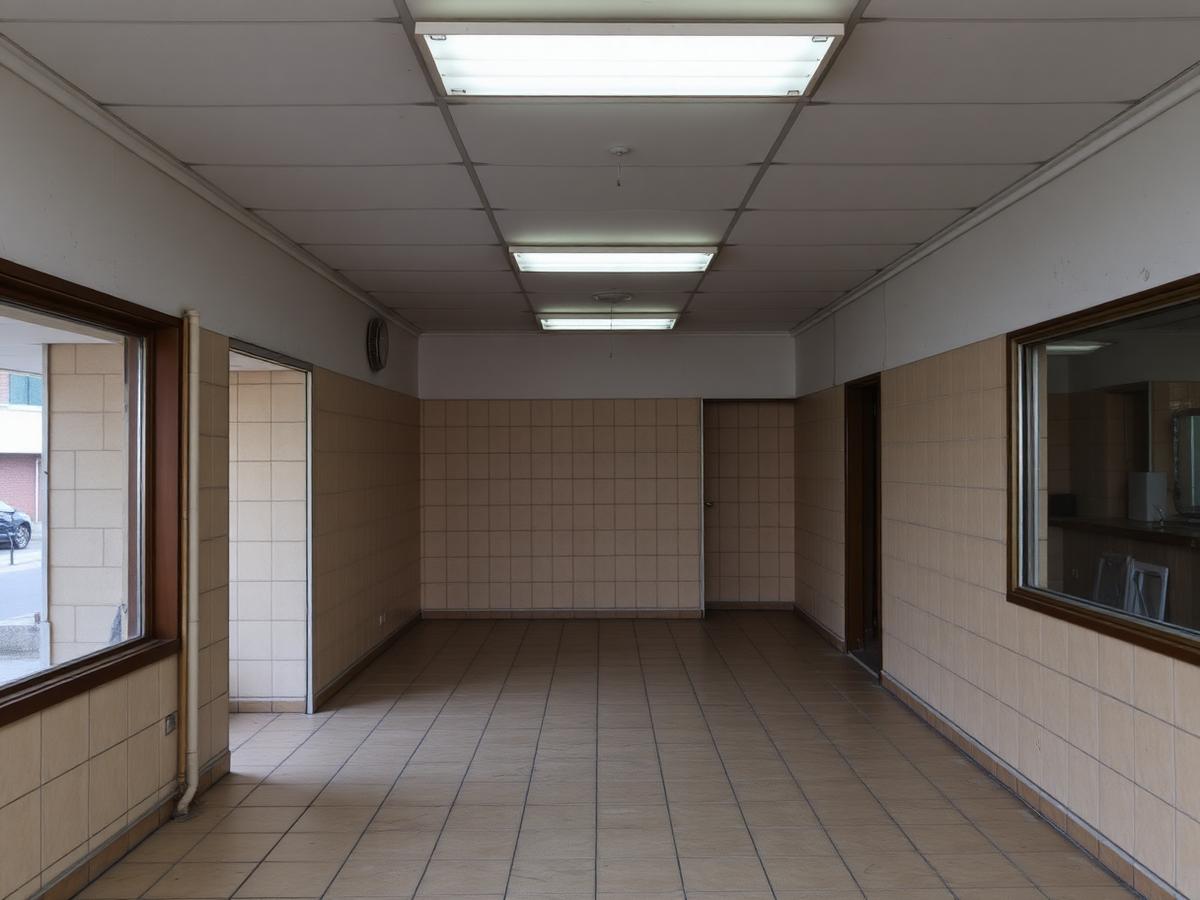 Local comercial sin renovar, con piso cerámico gastado e iluminación fluorescente