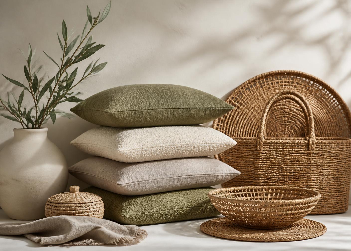 Composición de almohadones en oliva y tonos neutros con cestos de fibra natural y florero de cerámica